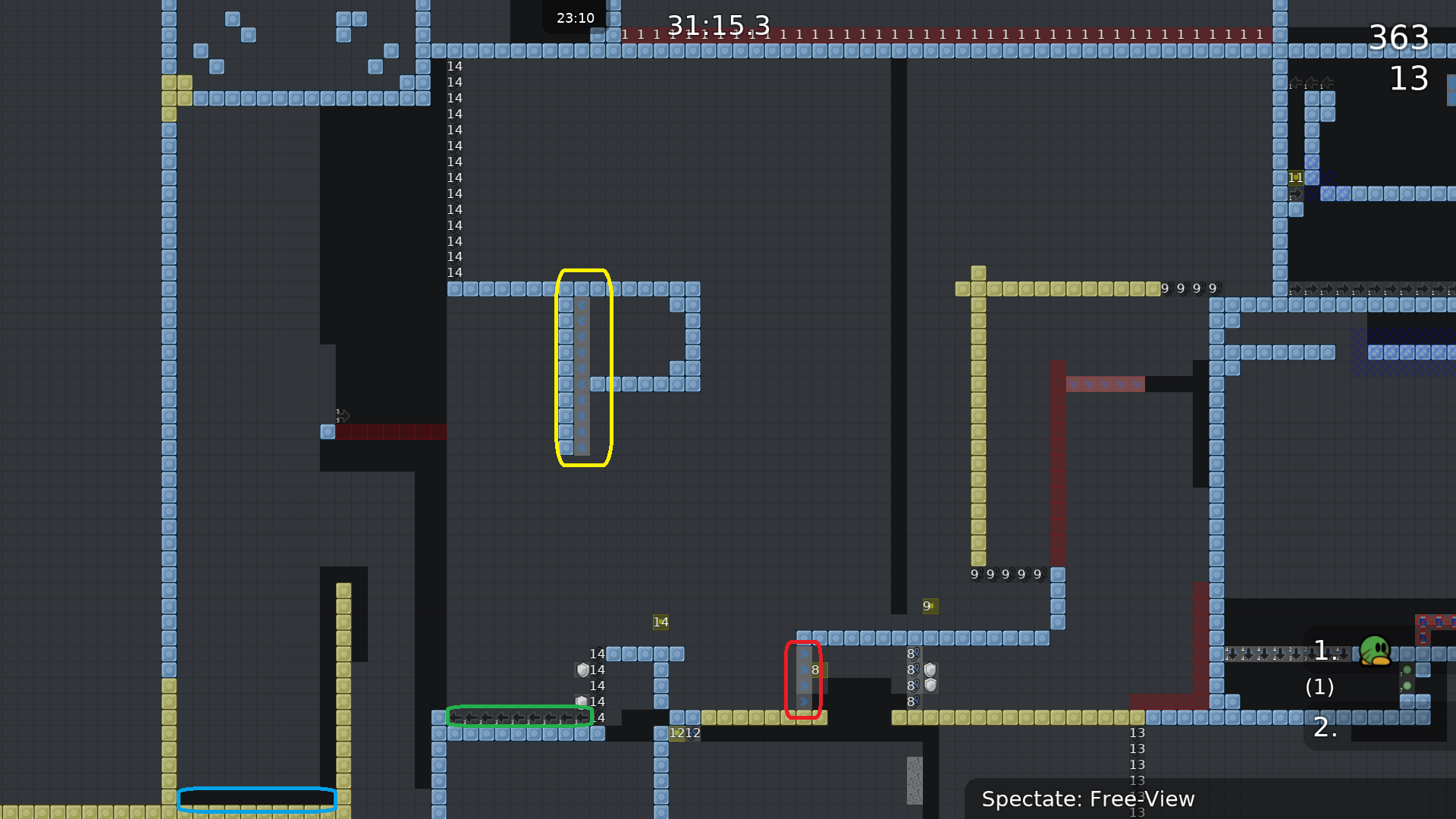 Red: Better put hookthrough or you can think that you have to go down.<br />Green: Kinda annoying to get into the stoppers when you come from down.<br />Yellow: For what is this?<br />Blue: Stupid to fail down here because you are too fast.