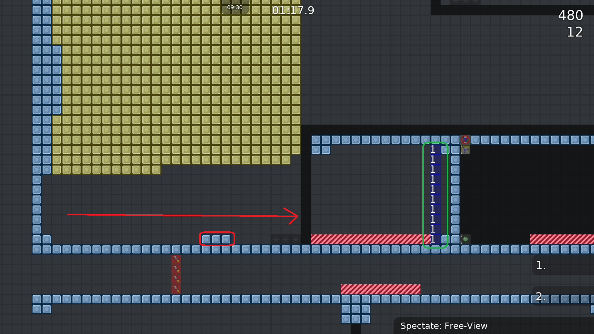2: Boosting into tele-1 doesn't flow very well IMO, mostly because of the red-marked unhooks.<br />I guess blue tele should be changed to red ones since you won't keep much speed anyway.